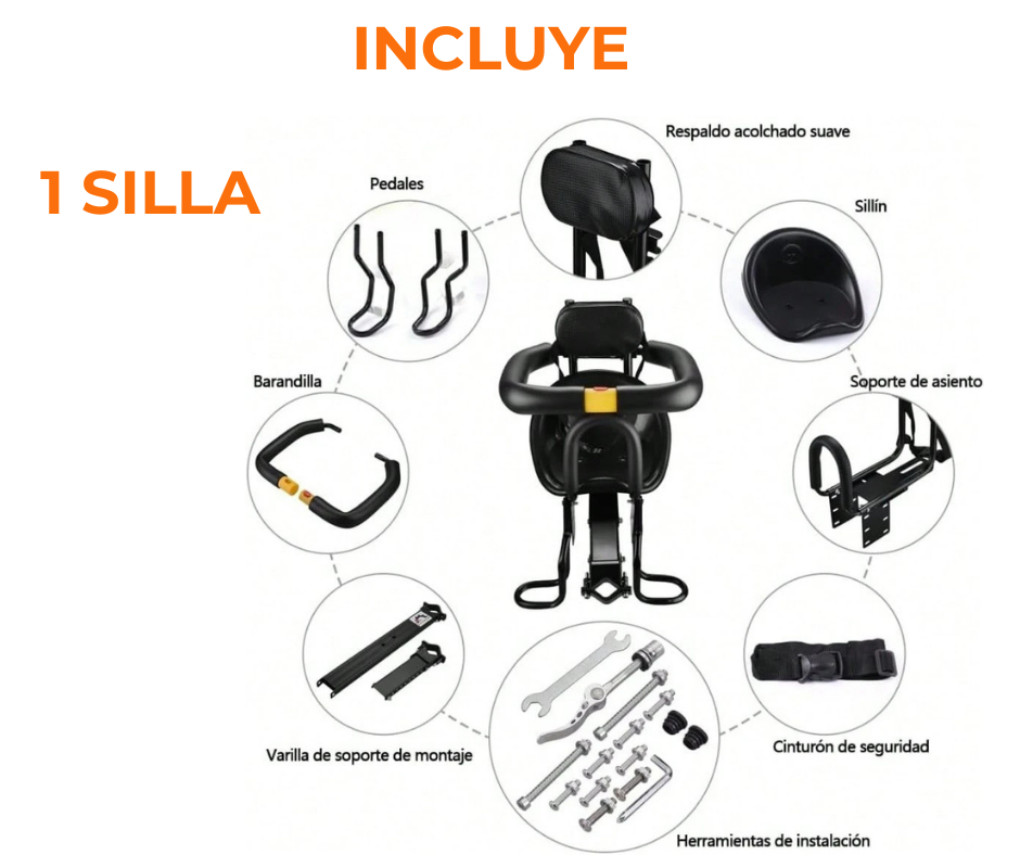 Silla Infantil Delantera Bicicleta Frontal Respaldo Niños Negro