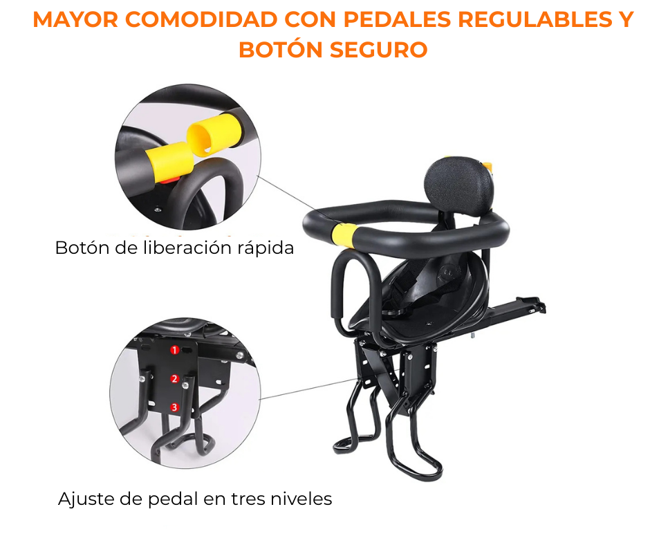 Silla Infantil Delantera Bicicleta Frontal Respaldo Niños Negro