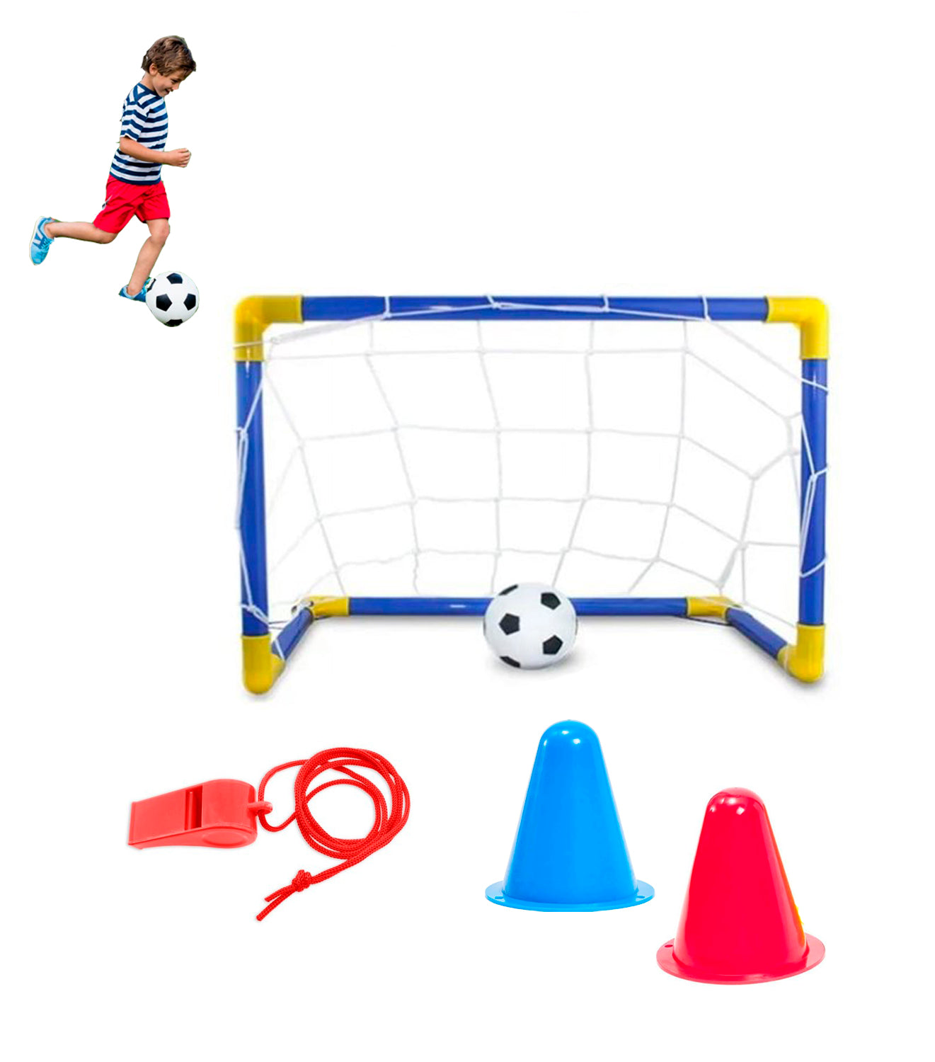 Set Mini Arco Futbol Niños Pelota Conos Incluidos Pleglable Azul